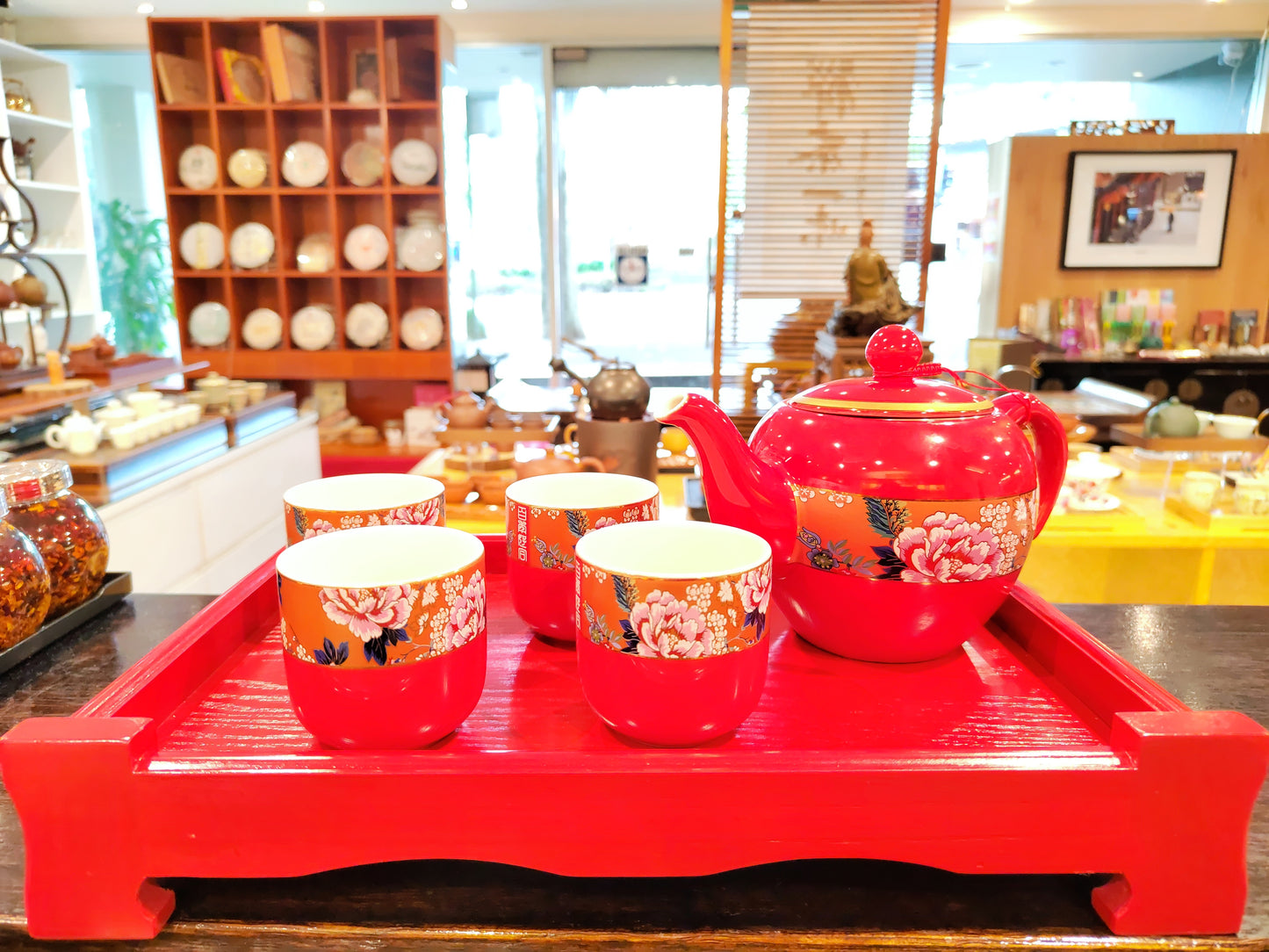 Wedding Teapot set with Red wooden tray
